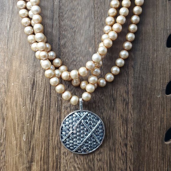 Jewelry - 20 Inch Sterling Silver Triple Strings Of Pearls And Woven Pendant Necklace